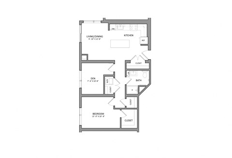 Floor plan for 1 bed, 1 bath, 755 sqft